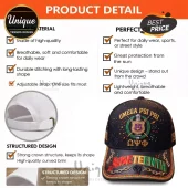 Black structured baseball cap with Omega Psi Phi embroidery, gold crest, and Juneteenth text on the bill.!