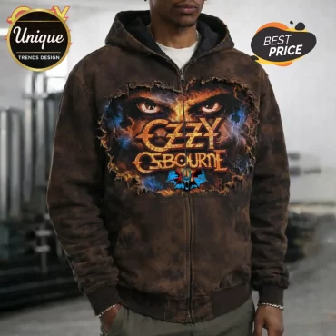 Ozzy Osbourne Fiery Eyes Graphic Distressed Full-Zip Hoodie