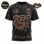 Black acid wash Ozzy Osbourne graphic t-shirt with red ripped background, bat, cross, and album song titles!