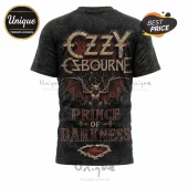 Black Ozzy Osbourne Prince of Darkness t-shirt with stone textured font and bat-winged demon graphic!