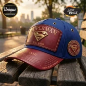 Blue and red baseball cap with Superman logo patch text Superman Est 1938 and 88th Anniversary written on leather visor!