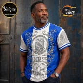 Blue and white Phi Beta Sigma t-shirt with silver emblem and Greek detailing for fraternity members!