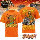 Orange Scooby Doo t-shirt with hot rod car graphics and cartoon text Ruh-Roh Ride Loud on back and iron cross front logo!