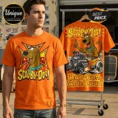 Bright orange t-shirt with Scooby Doo front logo and back graphic featuring Scooby in a hot rod text Ruh-Roh Ride Loud!