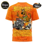 Orange t-shirt with Scooby Doo driving a hot rod, yellow fire flames, and the text Scooby Doo and Ruh-Roh, Ride Loud!
