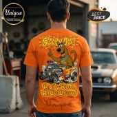 Orange t-shirt with Scooby Doo driving a hot rod car design and text saying Scooby Doo and Ruh-Roh, Ride Loud!