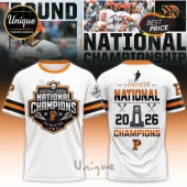 White Princeton Lacrosse National Champions 2026 t-shirt with orange and black accents featuring team logo and trophy graphic!