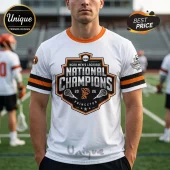 White Princeton lacrosse t-shirt with orange and black sleeve stripes and National Champions graphic in center chest!
