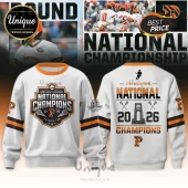 Princeton Lacrosse 2026 National Champions white sweatshirt with orange and black team graphics and trophy logo!