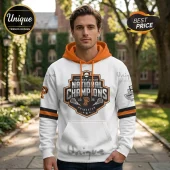 White Princeton lacrosse hoodie featuring National Champions 2026 text with orange and black team colors and crest design!