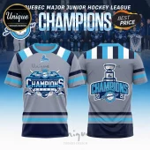 QMJHL Champions hockey jersey in grey, blue, and white with Saguenéens logo, trophy graphic, and text 2026!