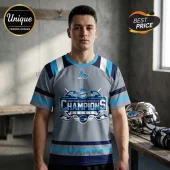Grey QMJHL Champions hockey jersey with blue and white stripes featuring a crown logo and crossed hockey sticks graphic!