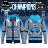 Grey and blue QMJHL Saguenéens Champions zip-up hoodie with trophy graphic and hockey sticks logo design!