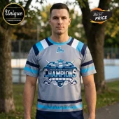 Grey athletic hockey t-shirt with blue and navy stripes featuring Quebec Major Junior Hockey League Champions logo text!