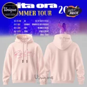 Light pink hoodie with Rita Ora cursive signature and heart graphic in dark pink ink on front view!