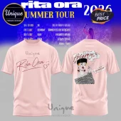 Light pink Rita Ora graphic tee with signature text on front and a stylized illustration with Poison Remixes text on back!