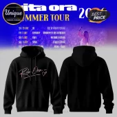 Black hoodie with pink cursive Rita Ora text and heart graphic, official tour merchandise style with minimalist front design!