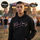 Black hoodie with Rita Ora script text and a heart icon in metallic pink print on the chest!