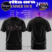 Black t-shirt featuring metallic pink Rita Ora signature text with a heart icon on the front chest area!