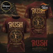 Maroon Rush band 58th anniversary tee with gold pentagram graphic, 2112 logo, and vintage rock aesthetic design!