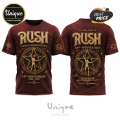 Maroon Rush band t-shirt with gold 58th anniversary logo, starman pentagram graphic, and 1968-2026 text on front and back!