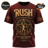 Dark red Rush band tee featuring the Starman logo, 58th anniversary text, and gold-toned progressive rock graphics!