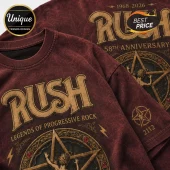 Maroon acid wash t-shirt with gold vintage Rush band logo, starman graphic, and 58th anniversary text.!