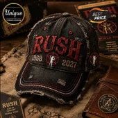 Distressed black denim baseball cap with red RUSH embroidery 1968 2027 and starman pentagram logo graphics!
