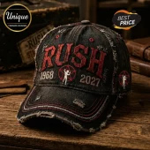 Distressed black denim baseball cap with red RUSH embroidery 1968 2027 and star man logo!