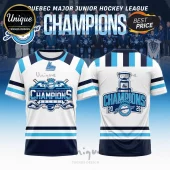 QMJHL Sagueneens champions hockey jersey, white blue and black, with graphic championship logo and hockey trophy print!
