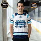 QMJHL hockey champions t-shirt in white with blue stripes and team graphics displaying hockey sticks and puck design!