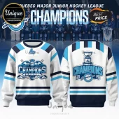 QMJHL Saguenéens champions sweatshirt in white, blue, and black with hockey trophy graphics and championship text!
