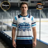 White and blue hockey jersey t-shirt with Quebec Major Junior Hockey League Champions logo and ice hockey graphic.!