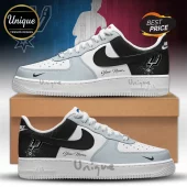 Custom San Antonio Spurs sneakers with white black and grey panels featuring team logo and Your Name text on white leather!