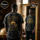 Black baseball jersey with gold graphic of a cherub playing a harp and text reading SANTAN The Boy Who Played the Harp!
