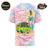 Tie-dye t-shirt featuring Scooby Doo, The Mystery Machine van, palm trees, and text My favorite days are Scooby Doo Day!