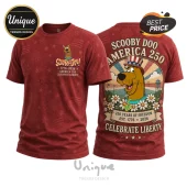 Red Scooby-Doo shirt with America 250 anniversary text, retro patriotic design, and USA flag stars print.!