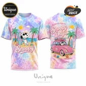 Tie dye Snoopy t-shirt with beach theme featuring Snoopy in sunglasses with surfboard and pink vintage car graphic!