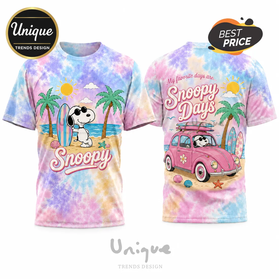 Snoopy Days Pastel Tie Dye Beach Road Pink Shirt Snoopy Days Pastel Tie Dye Beach Road Pink Shirt