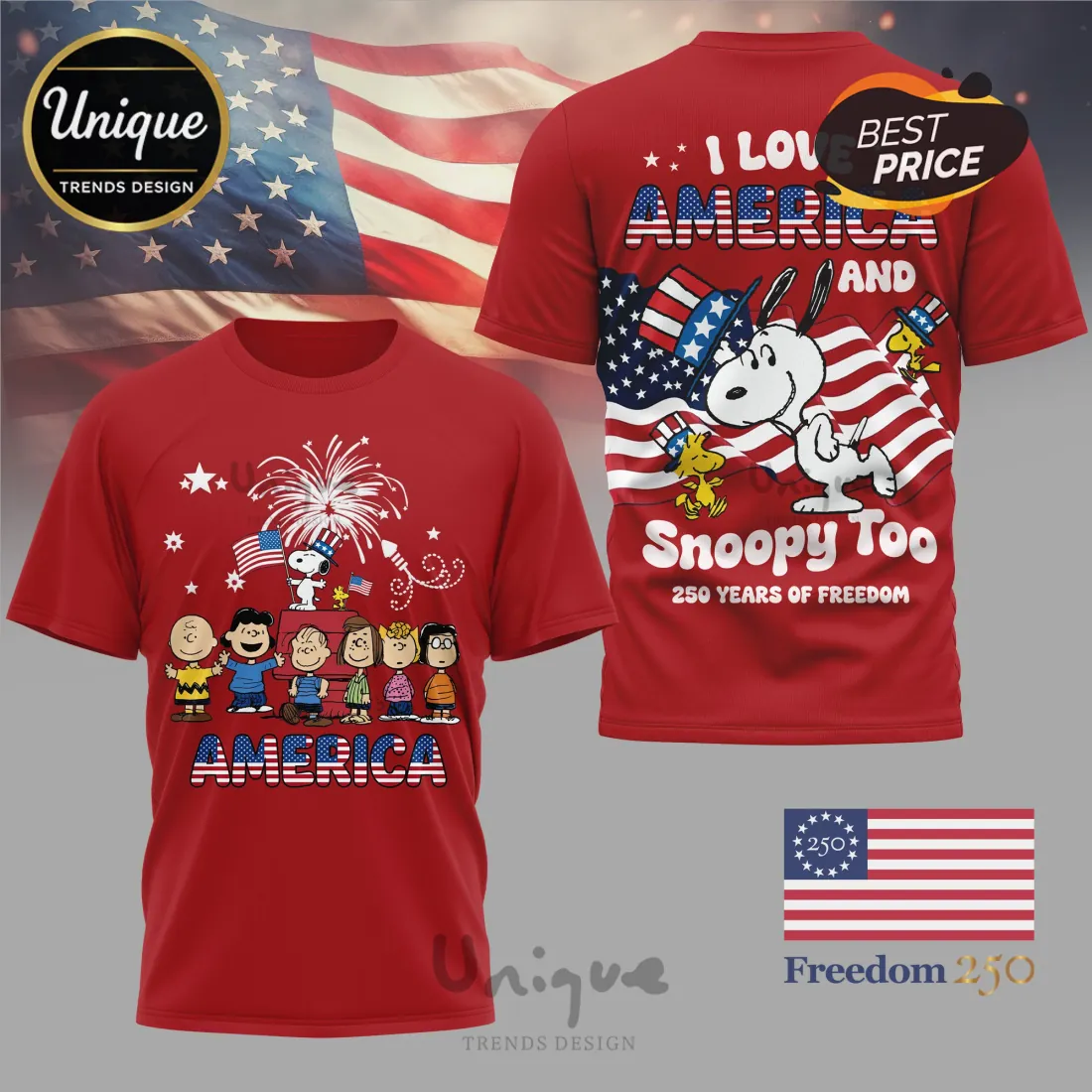 Snoopy Peanuts 250 Years Of Freedom USA Patriotic T-Shirt Snoopy Peanuts 250 Years Of Freedom USA Patriotic T-Shirt