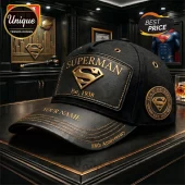 Black leather cap with gold Superman logo text Est 1938 and Man of Steel emblem side patch!