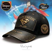 Black Superman baseball cap with gold embroidery featuring Superman logo Est 1938 and Man Of Steel patch!