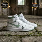 White and sage green high top sneakers with THE SCRIPT and MAN IN THE ARENA TOUR text printed on leather uppers!