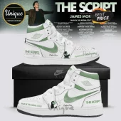 White and sage green high-top sneakers with The Script Man In The Arena Tour branding and custom name text!