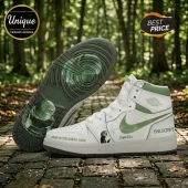 Custom white and sage green high top sneakers with Man In The Arena Tour and The Script text on a forest path background!