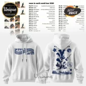 White hoodie with blue Wave to Earth tour graphic, front logo and back tracklist with guitar, moon, and nature icons!