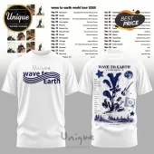 White graphic tee featuring navy blue Wave to Earth concert text, a guitar, moon, and song titles in a retro print style!