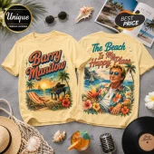 Cream colored cotton t-shirt with Barry Manilow beach themed graphics, piano, palm trees, and tropical drink illustration.!