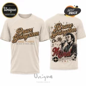 Beige cotton t-shirt featuring Bruce Springsteen graphic with vintage typography and musical motifs on front and back.!