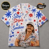 Button-down shirt featuring red, white, and blue patriotic print with stars, fireworks, hibiscus, and Star Stripes & Sunshine.!